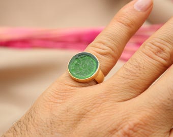Handmade Hermes Green Intaglio Glass Silver Ring, Cameo Silver Jewelry, Unique Gift For Him Or Her, Mother’s Day Gift, Statement Ring