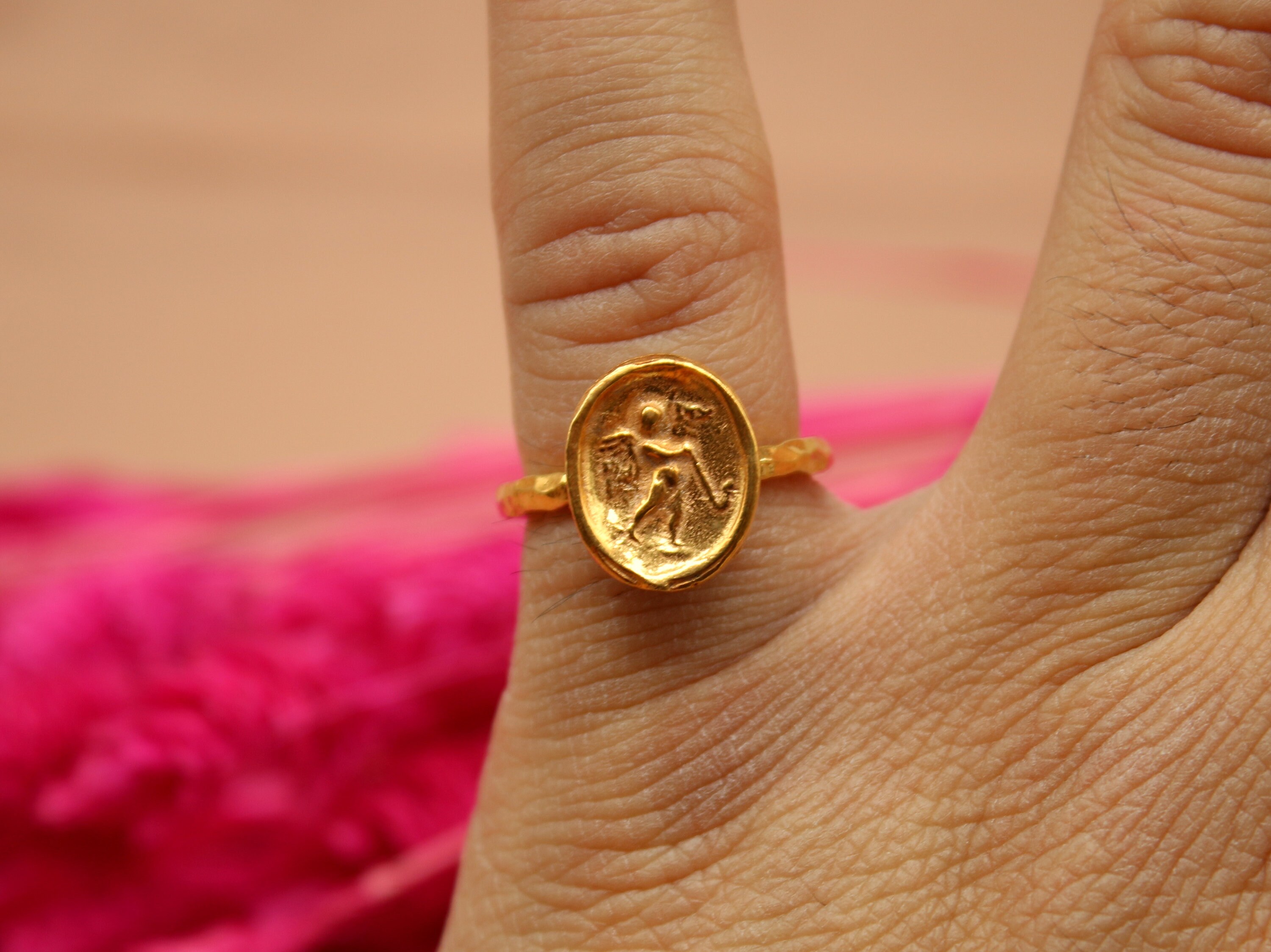 Intaglio Signet Ring Roman Coin Sterling Silver Ring 24k Gold Over