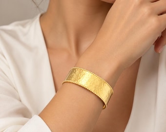 Wide Hammered Cuff Bracelet, 22K Yellow Gold Plated 925 Sterling Silver, 2cm Handmade Bangle