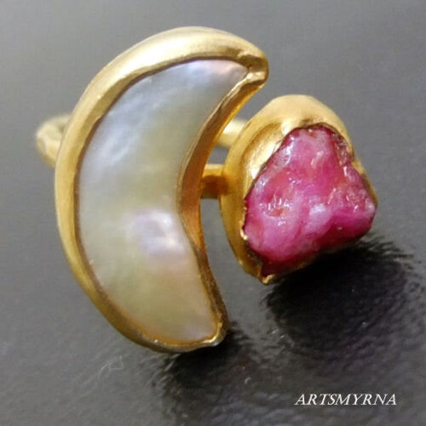 Pearl Silver Ring | Ruby Silver Ring | White Pink Stone Ring | 925k Sterling Silver Ring | 24k Gold Over Ring | baroque pearl By Artsmyrna