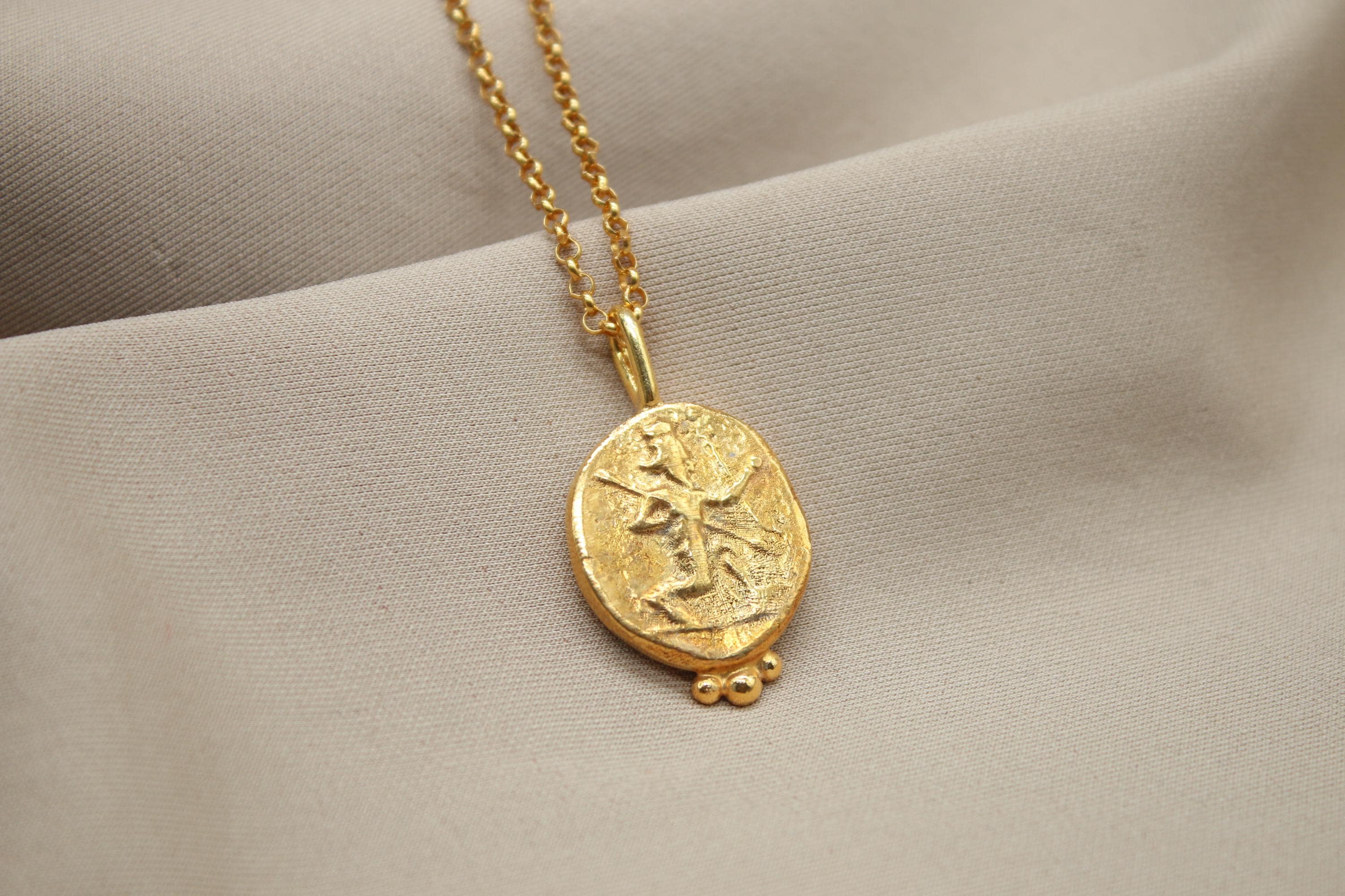 Handmade Greek Poseidon Coin Necklace, Gold Plated Pendant