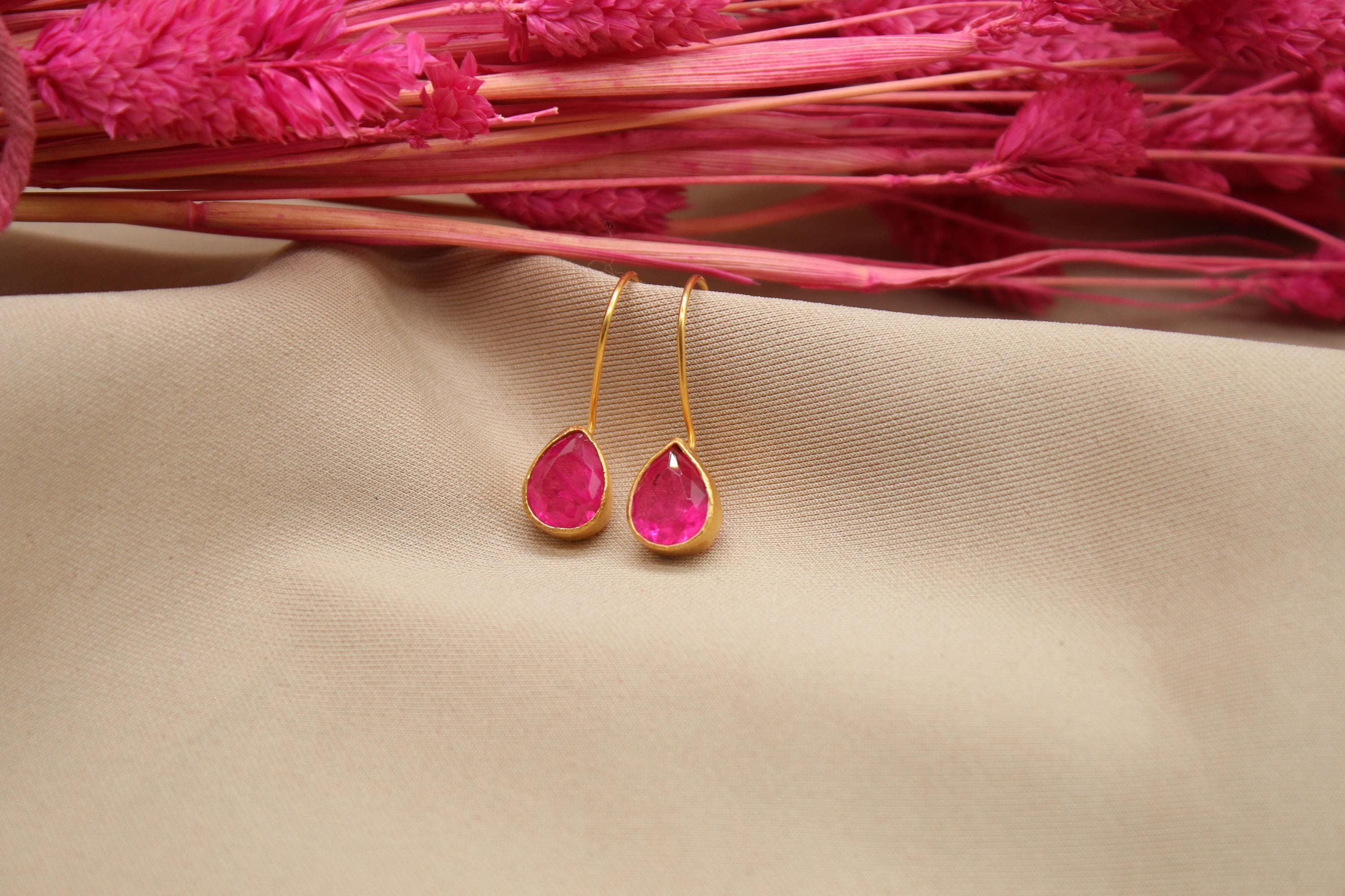 Ruby Dangle Earrings, 925 Sterling Silver Handmade Jewelry, July Birthstone Earrings, Gold Vermeil Drop Earrings, Mothers Day Gift For Her
