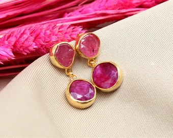 14k Solid Gold Raw Ruby Stud Earrings