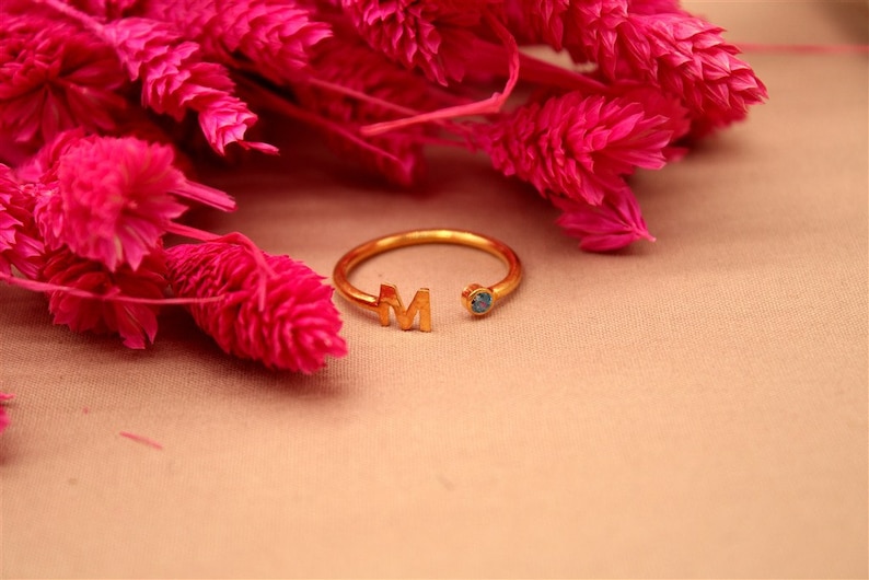 Sterling Silver Mothers Ring Monogram Name Ring Gift Minimalist Initial Ring Custom Ring Dainty Initial Letter Ring Rose Gold Aquamarine