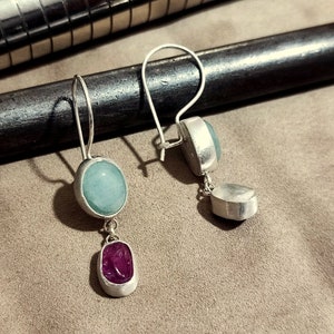 Raw Ruby and Aquamarine Silver Earrings 925K Sterling Silver Handmade Raw Stone Earrings Gold Over Minimalist Earring image 5