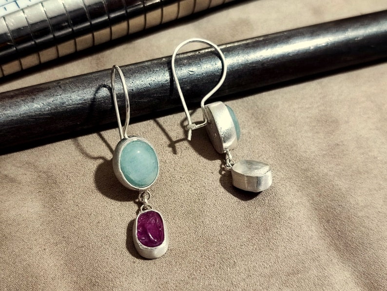 Raw Ruby and Aquamarine Silver Earrings 925K Sterling Silver Handmade Raw Stone Earrings Gold Over Minimalist Earring image 5