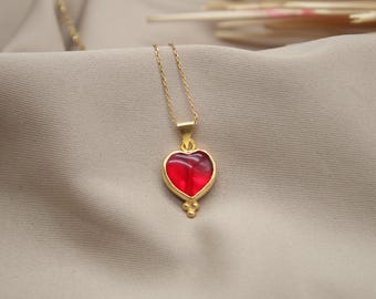 Heart Ruby Red Stone Necklace, 925 Sterling Silver, Handmade Pendant Necklace, Romantic Jewelry, Mothers Day Gift For Her, Elegant Gift