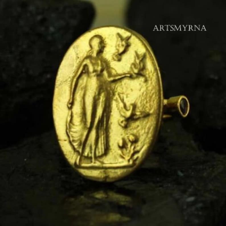 Roman Art Ancient Greek Woman with Pigeons Coin Signet Ring Silver Gold Coin Over
