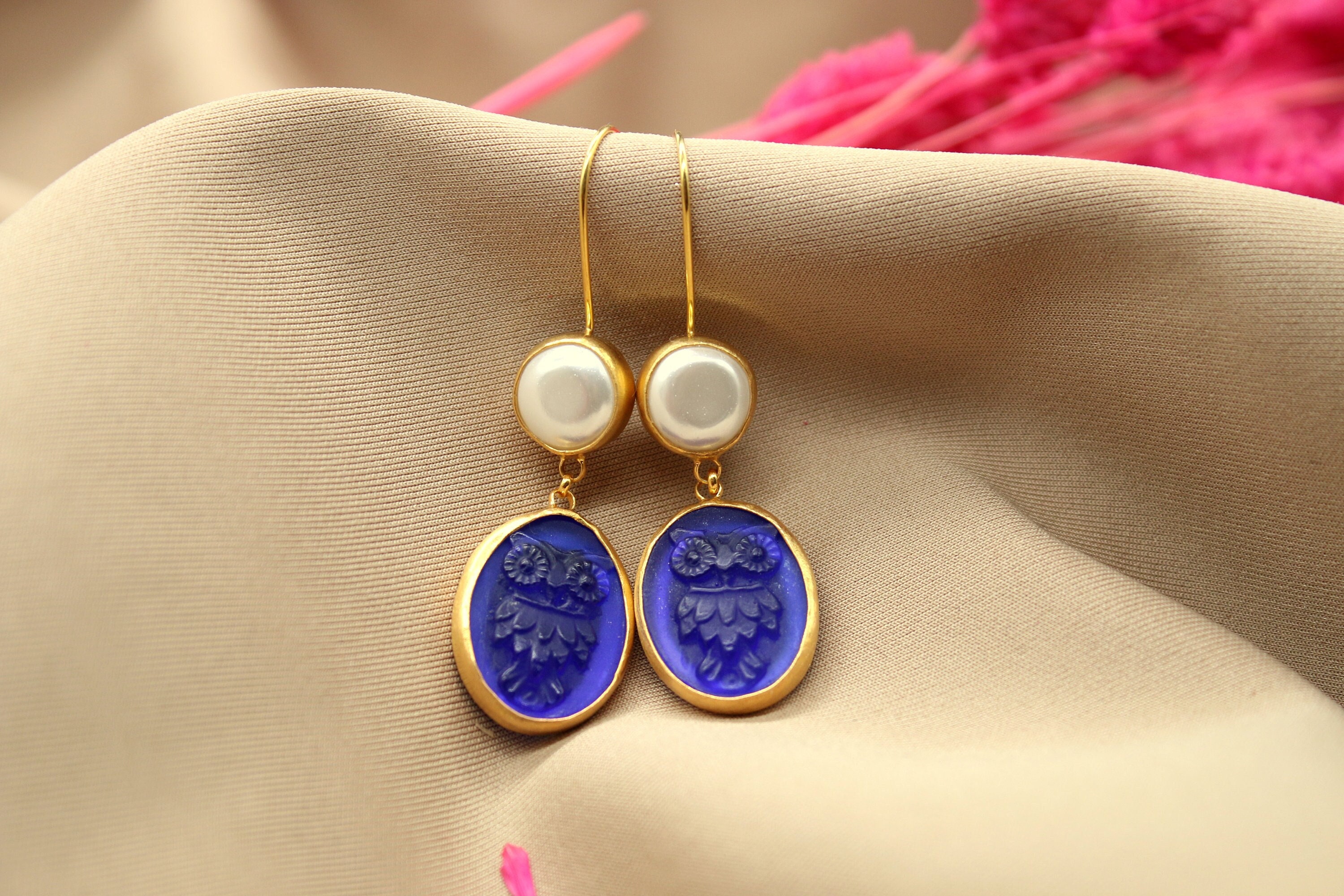 Intaglio Owl and Pearl Silver Earrings Halloween Gift Christmas Gift