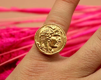 Herakles Coin Signet Ring, 22K Yellow Gold Plated 925 Sterling Silver, 20mm Greek Mythology Jewelry