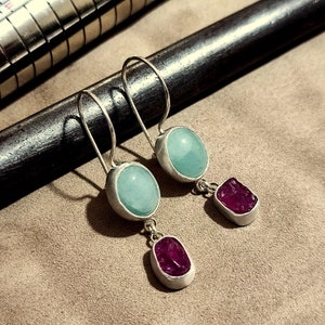 Raw Ruby and Aquamarine Silver Earrings 925K Sterling Silver Handmade Raw Stone Earrings Gold Over Minimalist Earring image 9