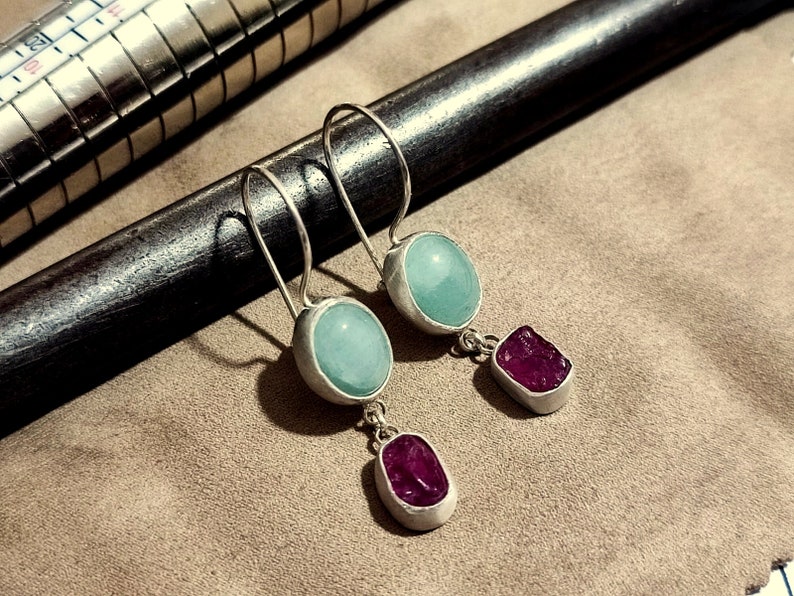 Raw Ruby and Aquamarine Silver Earrings 925K Sterling Silver Handmade Raw Stone Earrings Gold Over Minimalist Earring image 9