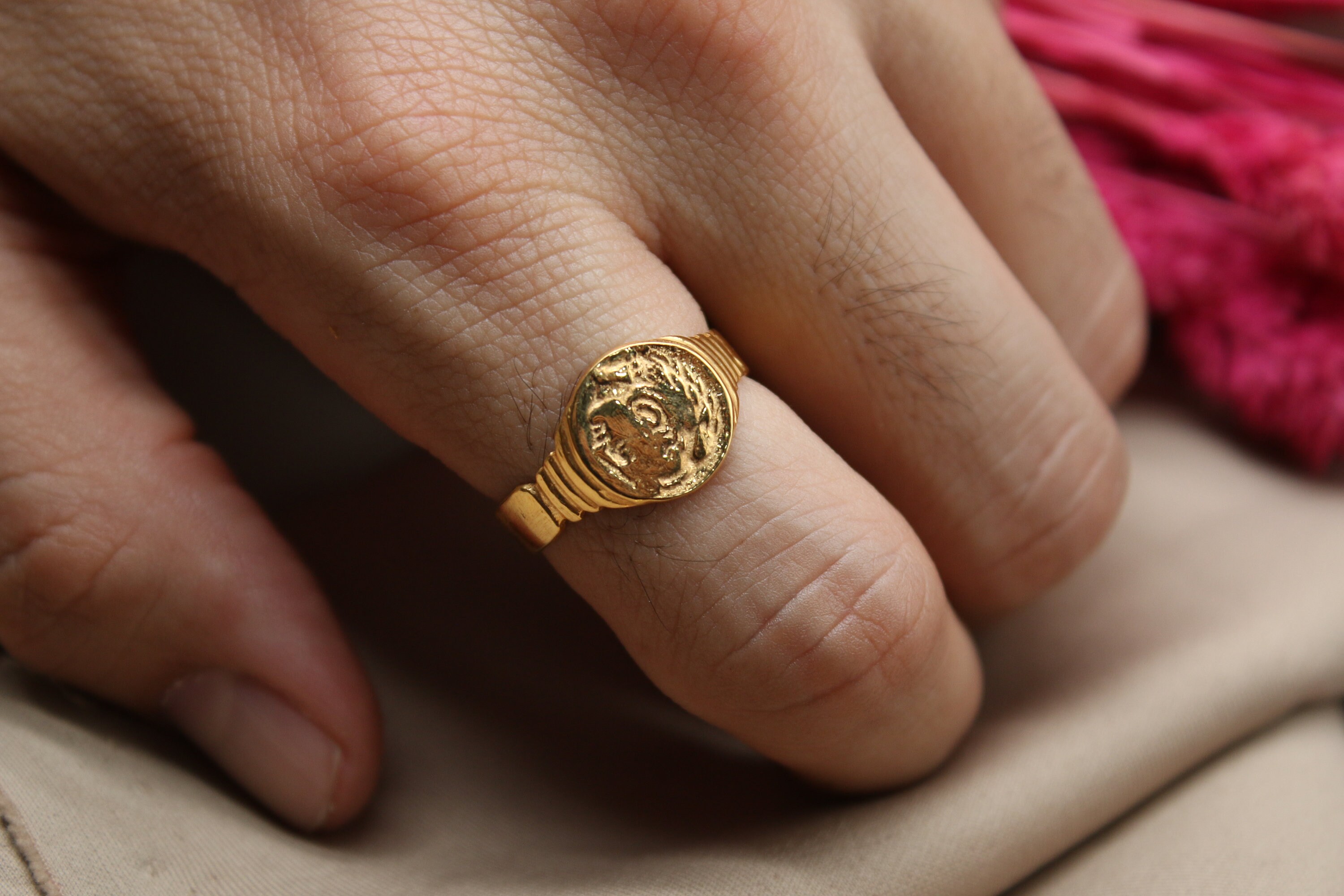 Intaglio Roman Coin Sterling Silver Ring | 24k Gold Over Coin Ring