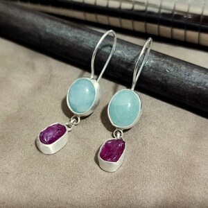 Raw Ruby and Aquamarine Silver Earrings 925K Sterling Silver Handmade Raw Stone Earrings Gold Over Minimalist Earring image 7