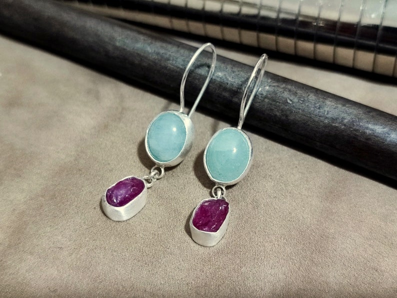 Raw Ruby and Aquamarine Silver Earrings 925K Sterling Silver Handmade Raw Stone Earrings Gold Over Minimalist Earring image 7