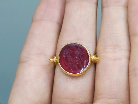 Intaglio Glass Gemini Zodiac Sign Roman Coin Sterling Silver Ring | Carved Signet Ring | Gold Overlay Ring Ancient Greek Coin Ring Artsmyrna
