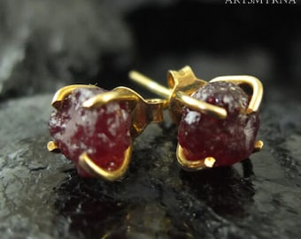 Raw Ruby Silver Studs | Ruby Stud Earrings | Minimalist | 24K Solid Gold | Silver Jewelry | Real Ruby | Boho Style Studs | July Birthstone