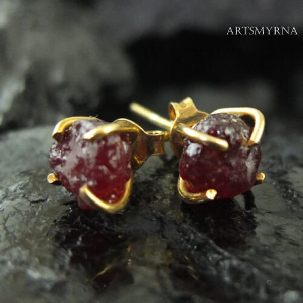 Raw Ruby Silver Studs | Ruby Stud Earrings | Minimalist | 24K Solid Gold | Silver Jewelry | Real Ruby | Boho Style Studs | July Birthstone