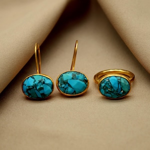Turquoise Silver Jewelry Set, Handmade Earrings and Ring, Gold Plated Boho Gift for Her, Unique Birthday or Anniversary Present