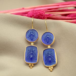 Roman Intaglio Glass Bee Earrings, Gold-Plated Silver Zeus Jewelry, Ancient Greek Ephesus Design, Unique Gift for Her, Statement Earrings