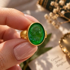 May include: A gold-toned ring featuring an oval-shaped, translucent green cabochon with a carved profile of a classical figure. The metal band has a textured, matte finish, and the setting securely holds the green stone in a smooth gold bezel.