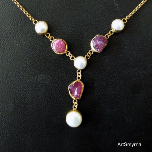 Pearl Ruby Silver Sterling Necklace | Red And White Stone Necklace | 24K Gold Over | Dainty Necklace Gift | Silver Jewelry | By Artsmyrna