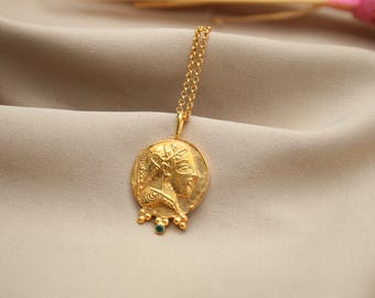 Handmade Athena Coin Necklace, 24K Gold Plated Greek Goddess Pendant, Emerald Accent, Ancient Greek Jewelry, Unique Mythology Gift For Her