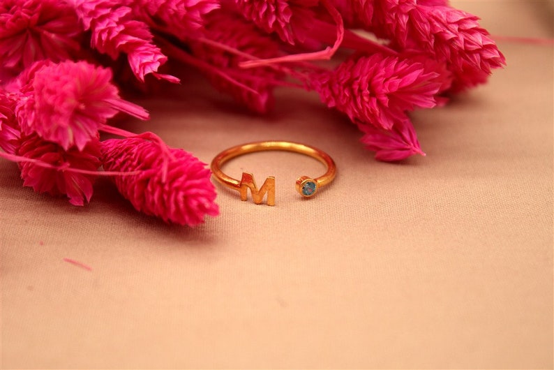 Sterling Silver Mothers Ring Monogram Name Ring Gift Minimalist Initial Ring Custom Ring Dainty Initial Letter Ring Rose Gold Aquamarine