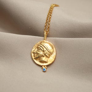 Handmade Greek Athena Coin Necklace, Gold Plated Ancient Medallion, Sapphire Accent Pendant, Mythology Jewelry, Unique Gift for Him or Her