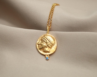 Handmade Greek Athena Coin Necklace, Gold Plated Ancient Medallion, Sapphire Accent Pendant, Mythology Jewelry, Unique Gift for Him or Her