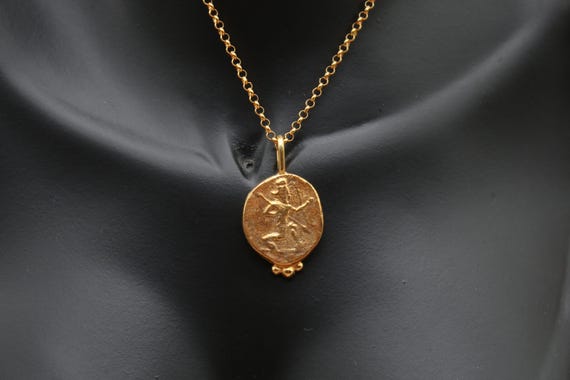 Handmade Greek Poseidon Coin Necklace, Gold Plated Pendant
