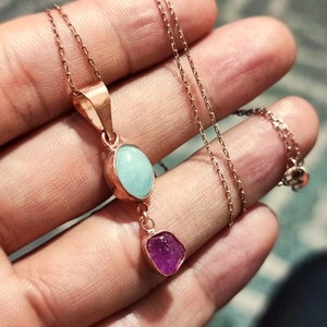Raw Aquamarine and Ruby 925k Silver Necklace | Red And Blue Stone Necklace | Dainty Necklace Gift | Silver Jewelry Mothers Day