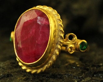 Round Gold Ruby Ring | July Birthstone Ring | Natural Ruby Silver Ring | Stackable Stone Ring | Stacking Ring  | Boho Style | Silver Jewelry