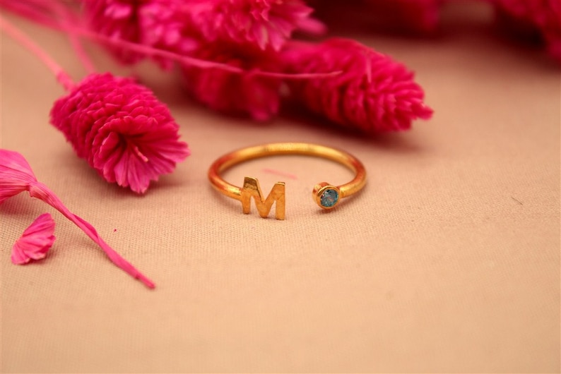 Sterling Silver Mothers Ring Monogram Name Ring Gift Minimalist Initial Ring Custom Ring Dainty Initial Letter Ring Rose Gold Aquamarine