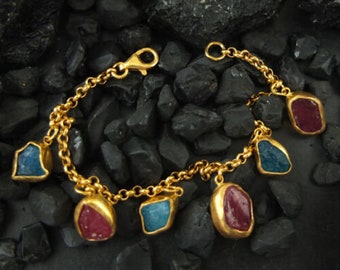 Raw Apatite Ruby Silver Bracelet | Sterling Silver Jewelry | Blue And Red Stones Bracelet | 24k Gold Over | Silver Jewelry | Birthday Gift