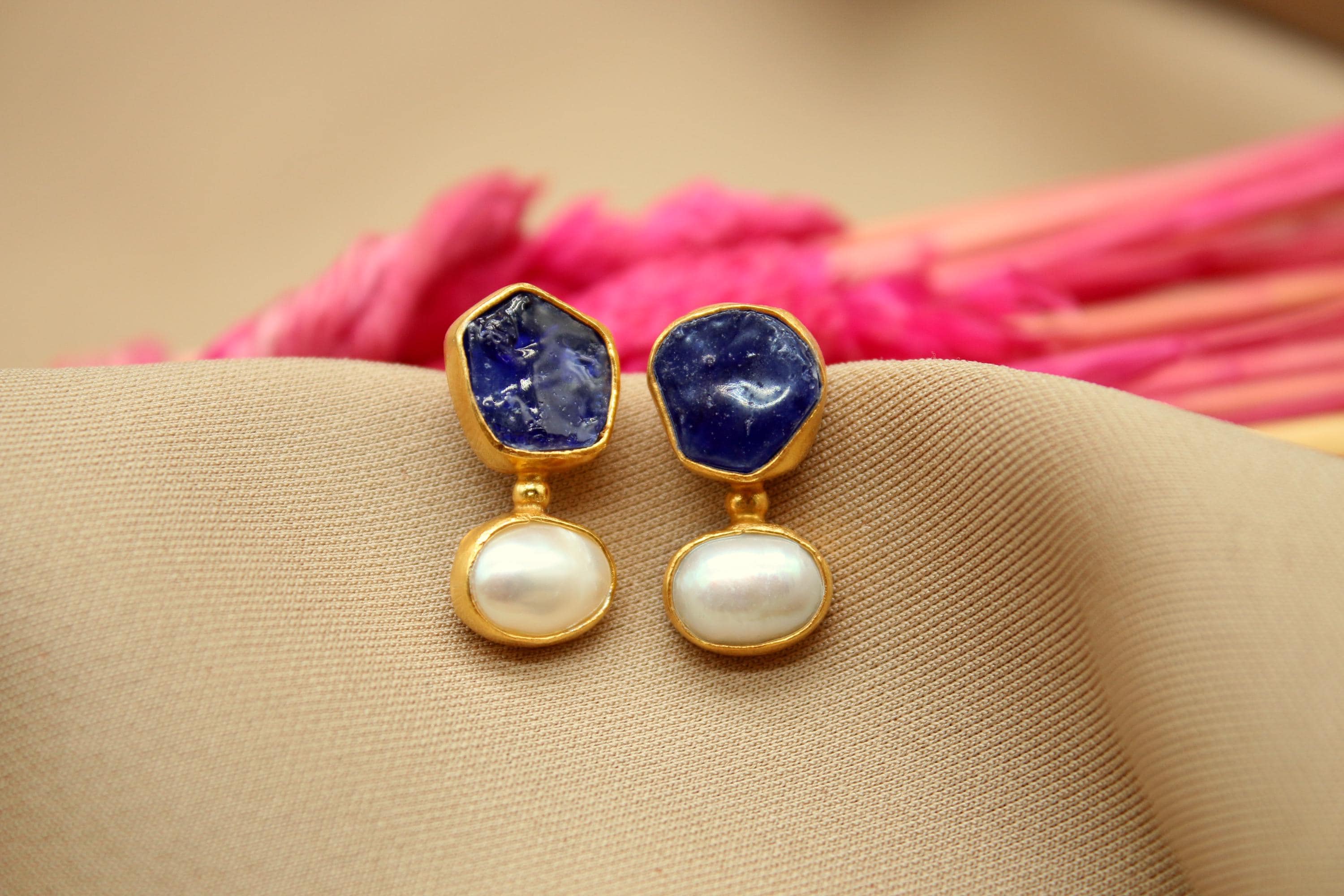 Raw Sapphire and Freshwater Pearl Stud Earrings, Handmade Gold