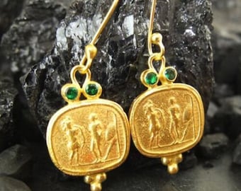 Diepdruk Romeinse munt zilveren oorbellen | 925 kt sterlingzilver | Goud op | Hangoorbellen | Oude Romeinse munt | Minimalistisch | Door Artsmyrna