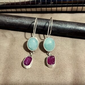 Raw Ruby and Aquamarine Silver Earrings 925K Sterling Silver Handmade Raw Stone Earrings Gold Over Minimalist Earring image 6