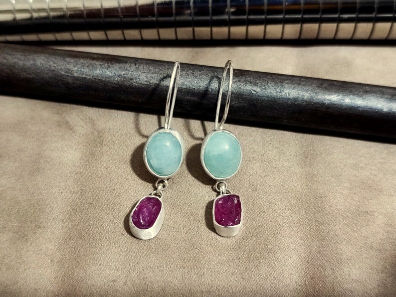 Raw Ruby and Aquamarine Silver Earrings 925K Sterling Silver Handmade Raw Stone Earrings Gold Over Minimalist Earring image 6