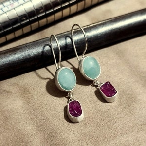 Raw Ruby and Aquamarine Silver Earrings 925K Sterling Silver Handmade Raw Stone Earrings Gold Over Minimalist Earring image 8