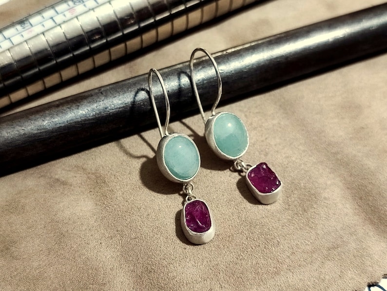 Raw Ruby and Aquamarine Silver Earrings 925K Sterling Silver Handmade Raw Stone Earrings Gold Over Minimalist Earring image 8