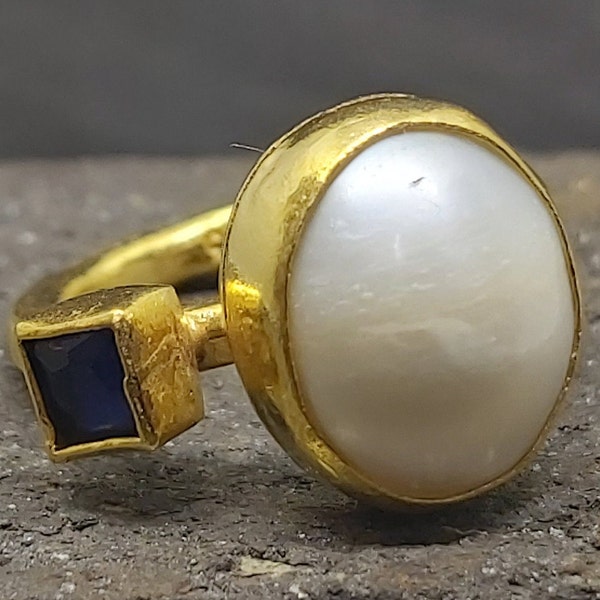 Freshwater Pearl Ring Solid Sterling | Sapphire Ring | Handmade Ring Gold Over | Hammered Sterling Siver | Bridesmaid Gift | By Artsmyrna