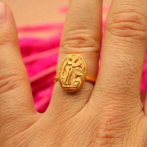 Roman Art Ancient Greek Woman with Pigeons Coin Signet Ring Silver Gold Coin Over Aphrodite Greek Mythology Silver Jewelry Intaglio Ring