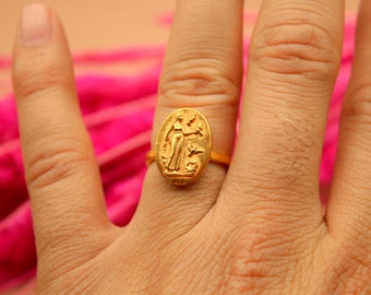 Roman Art Ancient Greek Woman with Pigeons Coin Signet Ring Silver Gold Coin Over Aphrodite Greek Mythology Silver Jewelry Intaglio Ring