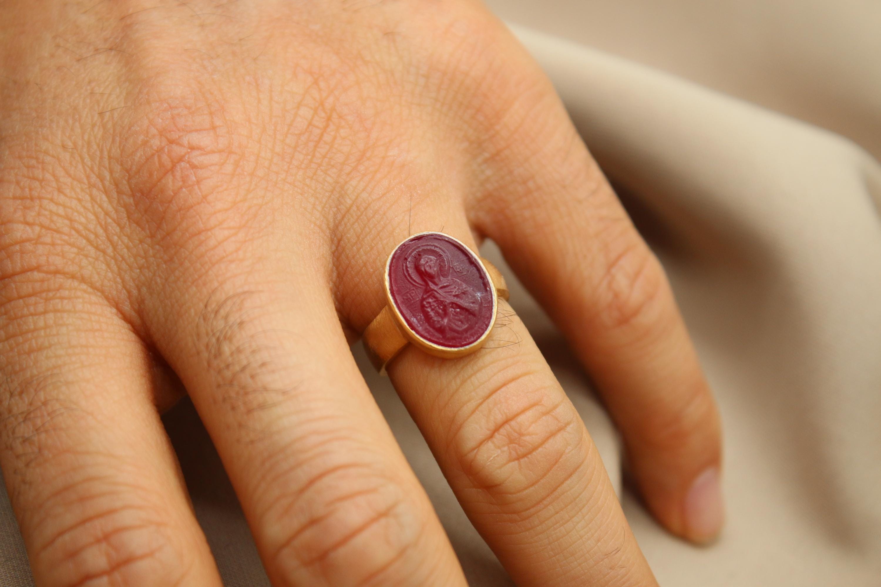 Venetian Red Glass Intaglio Ring, Virgin Mary Religious Ring, Gold Plated Handmade Jewelry, Christian Gift For Him Or Her Unique Signet Ring