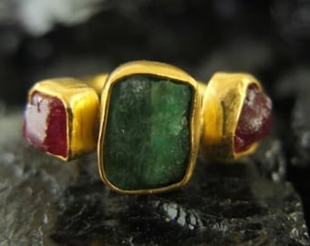 Ruby Silver Ring | Sterling Silver Jewelry | Ruby Emerald Ring | Gold Over Emerald Ruby Stone Ring | Fashion Gift | Minimalist Ring