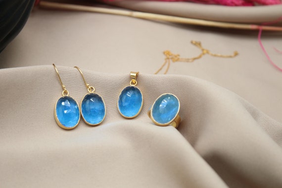 Blue Topaz Jewelry Set, 925 Sterling Silver Handmade Set, Gold Vermeil Earrings, Ring, 18 Inch Necklace, Mothers Day Gift For Her