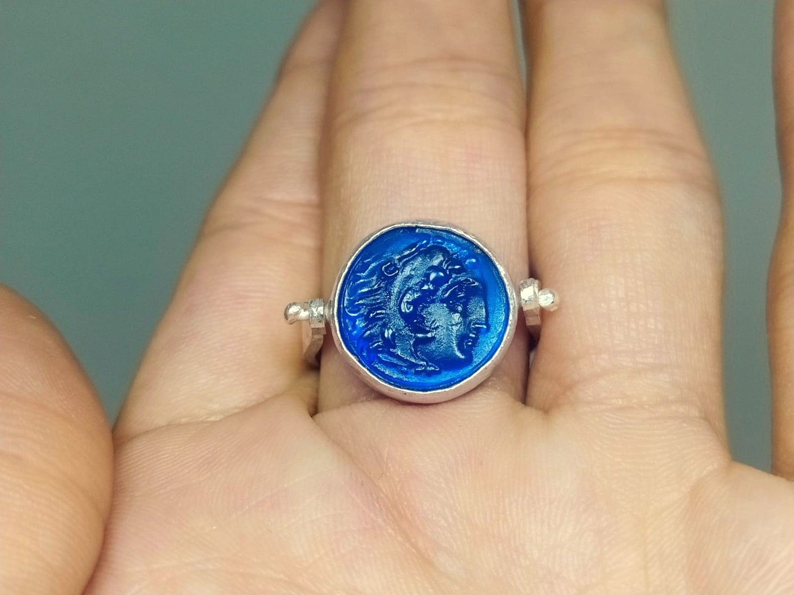 Alexander the Great Intaglio Glass Silver Ring | Intaglio Art Glass Ring Gold Over | Fashion Ring |