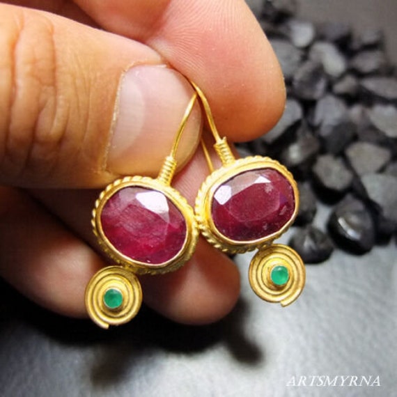 Boucles D'oreilles Anciennes En Argent Massif Avec Rubis Naturels - Bijou Vintage Occasion