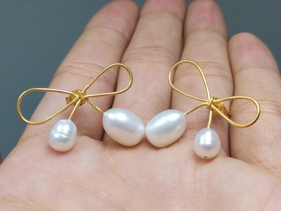 ★Hei★ sv925 ribbon pearl earring Ribbon Pearl Silver Earrings - Etsy